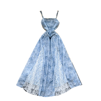 Robe longue d'été pour femmes à bretelles spaghetti, en maille crochetée, patchwork, taille cintrée, robes élégantes