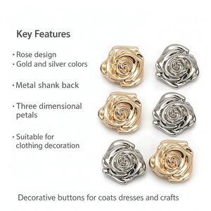 Boutons décoratifs en alliage de zinc en forme de rose 3D, couleur or et argent, pour manteau, robe, tricot, sac à main, vêtements - Product Image 2