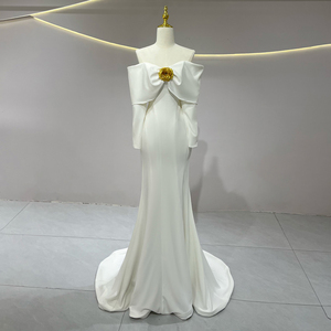 JFH66 ชุดแต่งงานทรงเมอร์เมดผ้าซาตินสีงาช้างทรงโบโฮพร้อมดอกไม้ - Product Image 1