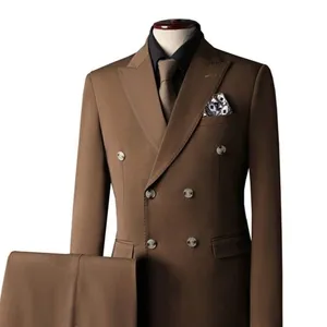 Traje de negocios para hombre, conjunto de 2 piezas, marrón, beige, estilo británico, doble botonadura, elegante chaqueta Formal de poliéster, pantalones, traje para hombre