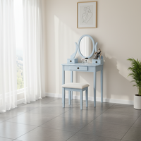 Ensemble coiffeuse et tabouret en bois de chêne moderne avec rangement et miroir éclairé réglable, bleu, pour chambre et salon
