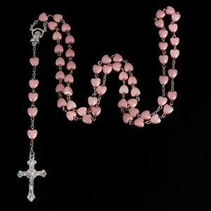 JC 크리스탈 도매 고품질 핑크 심장 묵주 십자가 묵주 목걸이 가톨릭