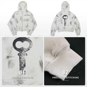 Felpa con Cappuccio da Uomo Stile Streetwear Personalizzabile con Logo, Doppia Cerniera, Lavaggio Effetto Vissuto, Alta Qualità - Product Image 5