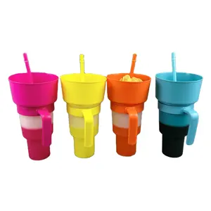 Ice color changing 32oz stadium snack drink tumbler plastic mug popcorn chips cola cup with snack tray bowl straw