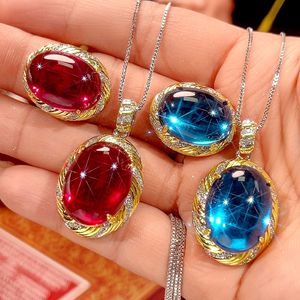 Anillos y colgante de circonita con corte ovalado suave de 15*20-13*16 mm, chapados en oro sobre cobre, con engaste de bisel retorcido, conjuntos de joyería de diseño para mujer. - Product Image 1