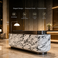 Comptoir de réception moderne en marbre naturel avec finition bronze, forme carrée, éclairage LED pour hall d'hôtel de luxe, bureau, logo personnalisé