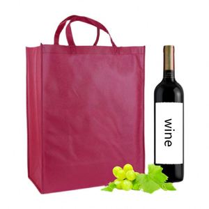 Sac fourre-tout en tissu non tissé personnalisé avec logo, sac à main réutilisable de couleur bordeaux pour l'emballage de bouteilles de vin rouge - Product Image 1