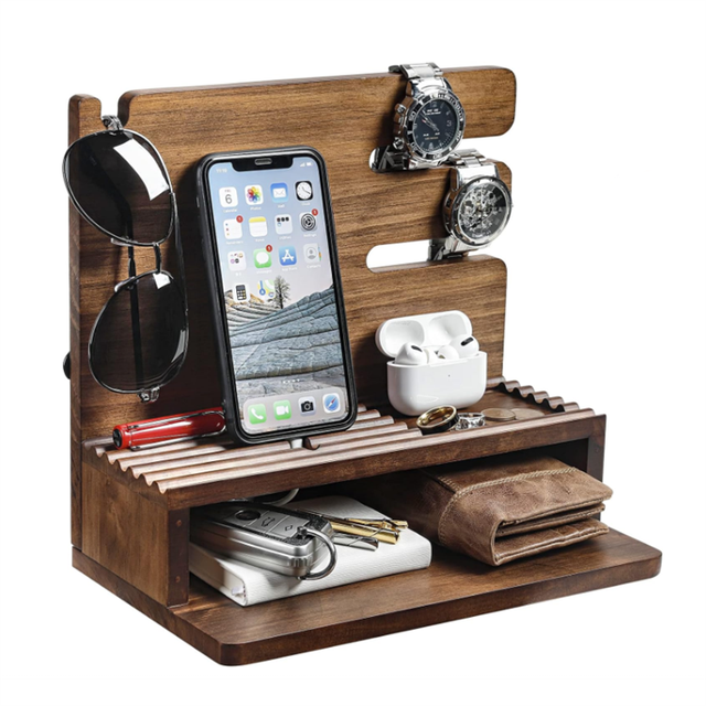 Wooden Desk and Nightstand Organizer Charging Station Wood Gift Docking Station