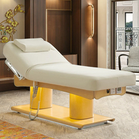 Lit de salon de beauté moderne et confortable en acier inoxydable beige de luxe, 3 moteurs, table de massage électrique, chaise de soin du visage, spa corporel