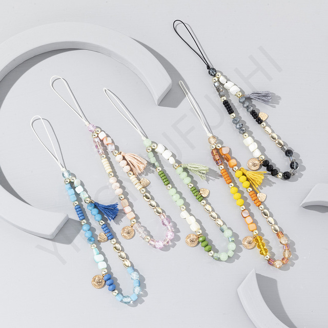 Wholesale Diy Colorful Beading Anti-lost Phone Lanyard Trendy Tassel Beaded Cell Phone Charm Chain Strap for Women