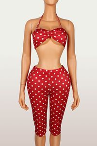 Completo Estivo da Donna con Top a Pois e Pantaloni a Vita Alta, Set Casual con Top Corto e Capri Stampati a Pois, 2 Pezzi - Product Image 5