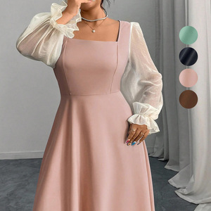 Vestidos elegantes de talla grande con cuello cuadrado y mangas abullonadas de malla para mujer - Product Image 2