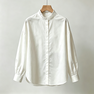 Chemisier blanc en popeline à col volanté, manches longues, épaules tombantes, boutonnage frontal, pour femme, style décontracté - Product Image 4
