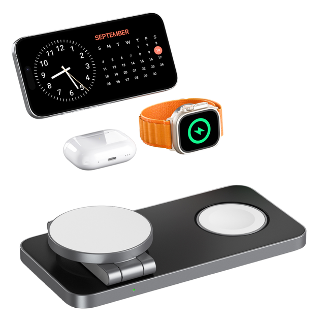 2026 Wireless Charger Magnetic 3-in-1 15W PC Material Luxury Design Shockproof for 17/16/15/14/13 & Smart Watch Stand