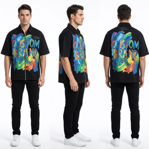 <b>Black</b> <b>short</b> <b>sleeve</b> zip <b>shirt</b> Letter print graffiti <b>shirt</b> Pocket streetwear top <b>men</b> Regular fit collar <b>shirts</b> - Product Image 1