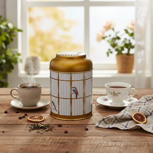 Recipiente Metálico Kontensan ER080T7 de 0.6L con Tapa de Domo, Diseño Vintage de Jaula de Pájaros, 90x110mm, Pájaros Coloridos, para Café, Té y Accesorios - Product Image 3