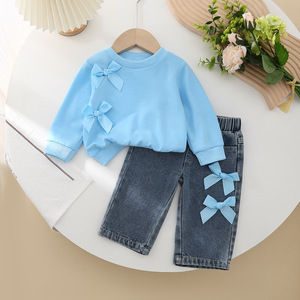 Nouvel ensemble deux pièces pour filles, automne et hiver, sweat-shirt à manches longues uni, décoration en nœud, <span class=keywords><strong>jean</strong></span> - Product Image 1
