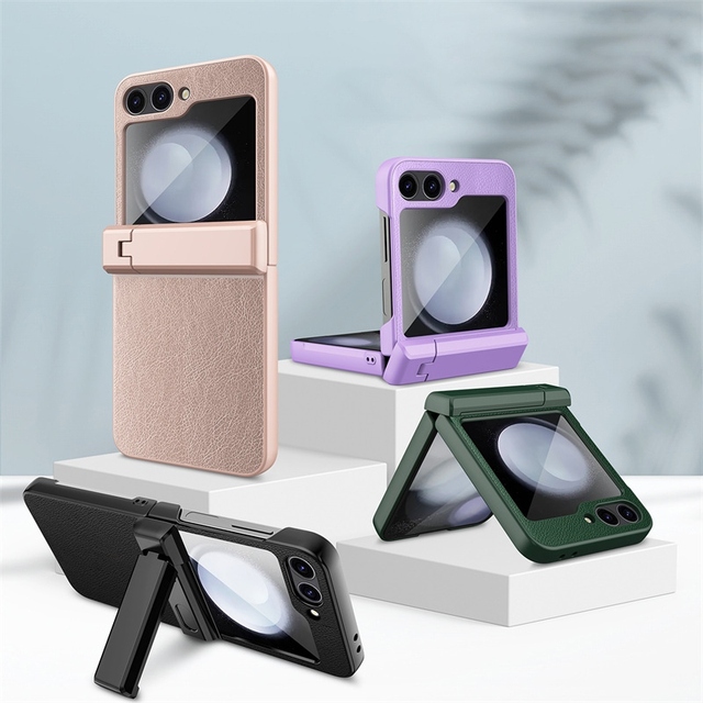 Luxury PU Leather Hinge protection Matte Hard PC Stand Case for Samsung Galaxy Z Flip 7 FE / Flip 6 with Tempered Glass