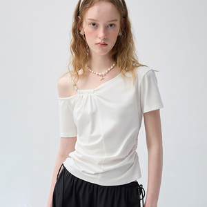 VEGA CHANG <span class=keywords><strong>T</strong></span>-<span class=keywords><strong>shirt</strong></span> bianca asimmetrica monospalla da <span class=keywords><strong>donna</strong></span> con dettaglio arricciato e coulisse, top casual slim fit - Product Image 1