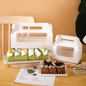 White Rectangular Paper Cake Packaging Box Clear Window Swiss Roll Cake Box With Handle