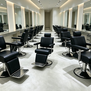 เก้าอี้ตัดผมสำหรับร้าน<span class=keywords><strong>ตัดผม</strong></span>มืออาชีพ, เก้าอี้โกนหนวดปรับเอนได้หุ้มหนัง PU ลายทางแนวตั้ง พร้อมฐานไฮดรอลิกสแตนเลส - Product Image 1