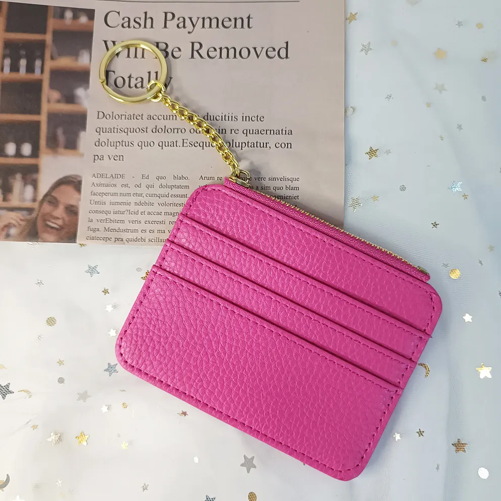 Custom PU Leather Handmade Slim Zipper Coin Purse Bag Organizador Pequeno Titular do cartão de crédito Bolsa Carteira para Keychain