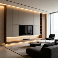 Meuble TV mural élégant en marbre gris noyer, avec éclairage LED, pour projets de rénovation élégants de salons