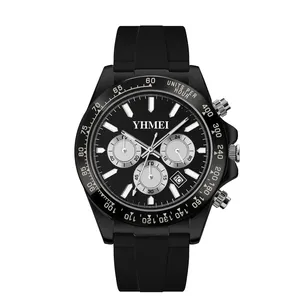 Classique cadran noir hommes chronographe bracelet en caoutchouc étanche montre à Quartz haute qualité hommes montre Logo personnalisation Silicone