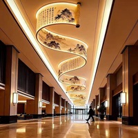 Lámpara de Araña de Estilo Chino Personalizada con Cinta Decorativa, Pintura de Paisaje, LED, Altura Ajustable, Luz Espiral para Hotel, Salón de Banquetes, Museo, Villa