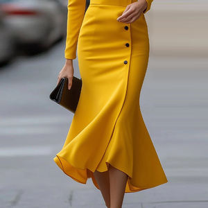 Abiti attillati Midi Casual da donna tinta unita abbottonata alto-basso con Design a risvolto - Product Image 3