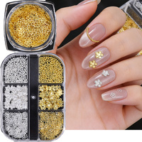 6 grilles de breloques pour nail art en alliage métallique 3D, motif fleur à cinq pétales, perles en acier, strass, mélange or et argent, accessoires pour ongles
