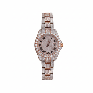 Reloj de Lujo con Incrustaciones de Moissanita en Oro Rosa, Corte Redondo, Esfera Romana Multicolor, Fecha Clásica, Reloj de Pulsera - Product Image 1