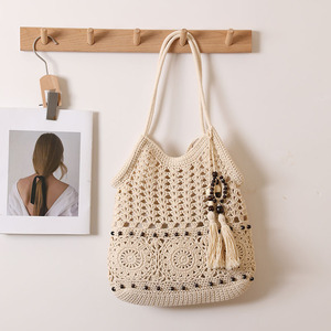 Bohème fait à la main coton Crochet <span class=keywords><strong>sac</strong></span> <span class=keywords><strong>Beige</strong></span> marron gland décoration été plage vacances Shopping épaule Crochet <span class=keywords><strong>sac</strong></span> pour les femmes - Product Image 5
