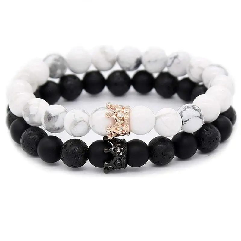 2019 heißer Verkäufer Großhandel Frauen Schmuck Paar Schwarz Matt Achat Weiß Howlith CZ Kristall Crown Königin 8mm Perlen Elastische armband