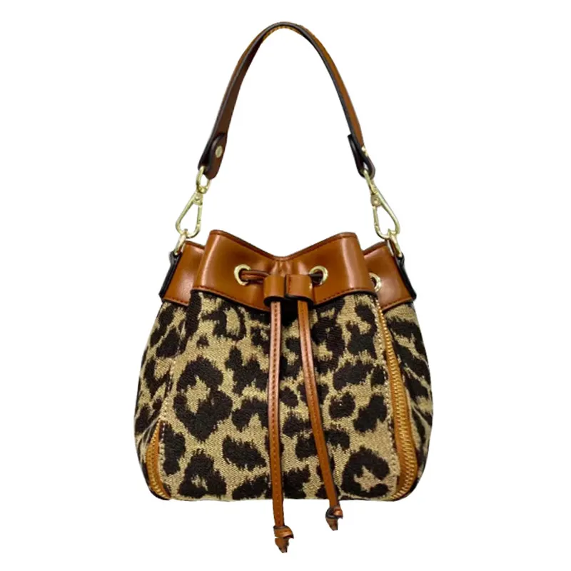 Borsa a doppia corda di moda grande tela di leopardo borsa in pelle di vacchetta borsa a secchiello borsa piccola borsa con coulisse borse per donna