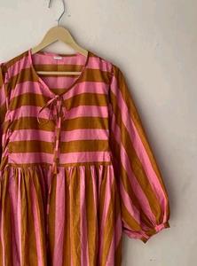 Vestido midi bohemio a rayas de algodón con cuello anudado, mangas abullonadas, corte holgado, vestido informal de verano - Product Image 1