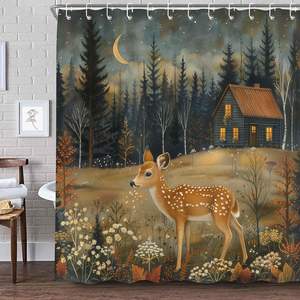 Cortina de ducha Floral de campo de animales de bosque rústico para cabina de granja lindo ciervo baño decoración del hogar ganchos incluidos China - Product Image 1