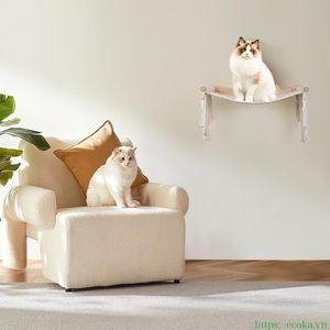 Muebles para Gatos de Alta Calidad, Cama Hamaca para Gatos Montada en la Pared con Estante de Madera y Cuerda de Algodón para Dormir y Escalar en Interiores - Product Image 6