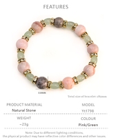 Bracelet tendance perlé avec cristaux roses naturels de forme géométrique, bijou unisexe en pierre naturelle, design de bracelet perlé.
