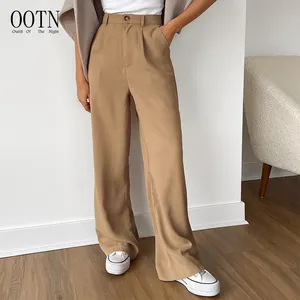 OOTN-Pantalones rectos informales De cintura alta para Mujer, pantalón De oficina De estilo coreano, color marrón, 2022