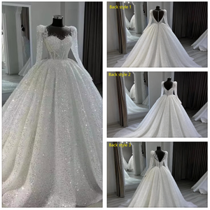 Abito <span class=keywords><strong>da</strong></span> <span class=keywords><strong>sposa</strong></span> a maniche lunghe con pizzo di cristallo e strascico a cappella, scollo illusione, stile ball gown - Product Image 5
