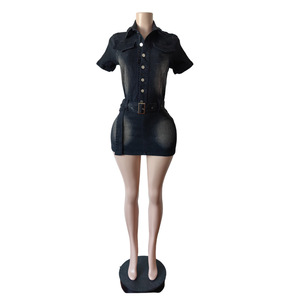 Abito <span class=keywords><strong>in</strong></span> Denim a maniche corte elasticizzato di nuova moda 2025 estivo Casual e aderente Mini abito <span class=keywords><strong>con</strong></span> <span class=keywords><strong>cintura</strong></span> da donna - Product Image 3