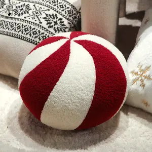 Wholesale Xmas Gift Teddy Fleece Ball Shaped Red White Christmas Decorative Peppermint Pillow