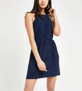 Women's Clothing Casual Dress Tie Waist Fit and Flare Swing Dress Navy for Young Lady Mini Bohemian 100% Polyester OEM Service