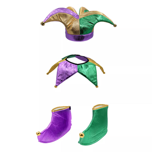 Adulte Mardi Gras Bouffon Clown <span class=keywords><strong>Arlequin</strong></span> Ensemble Chapeau Col Couvre-chaussures Jingle Bells Accessoire Kit Avec Violet Vert Jaune Couleurs - Product Image 1