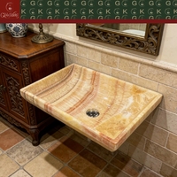 Évier de salle de bain rectangulaire en marbre GOLDKING, design moderne, veinures rouges orangées, finition de bord découpée au laser