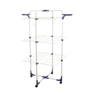 Movable 3 Tiers Powder Coated Steel Cloth Airer With 4 Wheels Folding Cloth Drying Rack