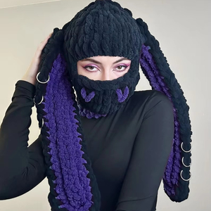 Venta al por mayor hecho a mano hombres y mujeres ganchillo invierno sombrero con oreja cara máscara sombreros Halloween largo conejo oreja esquí máscara <span class=keywords><strong>Bacalava</strong></span> - Product Image 1