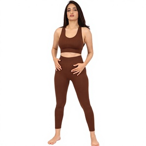 Ensemble de yoga 2 pièces : Leggings taille haute et brassière de sport dos nageur à encolure dégagée, sans couture, marron uni, respirant, pour l'entraînement - Product Image 1