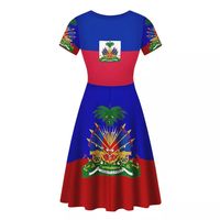 Robes imprimées drapeau d'Haïti pour femmes, grandes tailles, manches courtes, élégantes, col rond, très élastiques, décontractées d'été